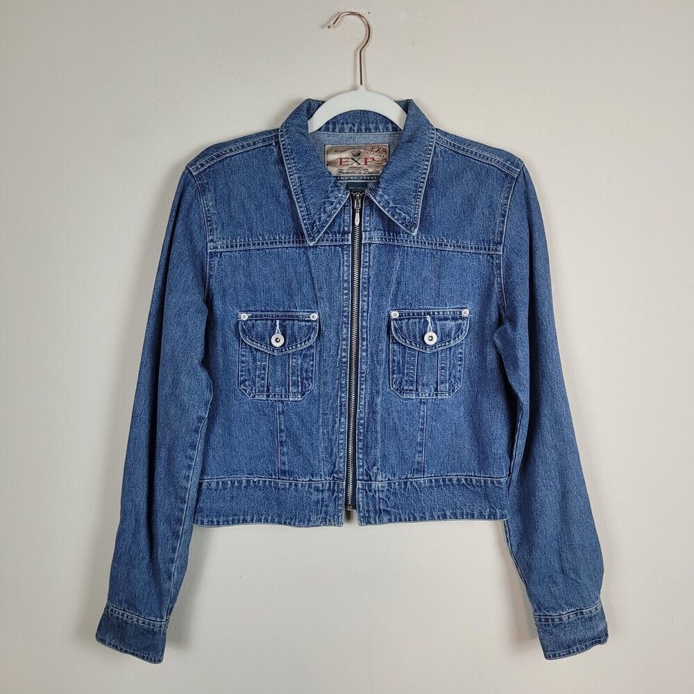 VTG Express Jacket Womens Medium Blue Denim Jean Zip Collared 90s Short Collared